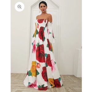 Missord Off Shoulder Shirred Rose Print Maxi Dress